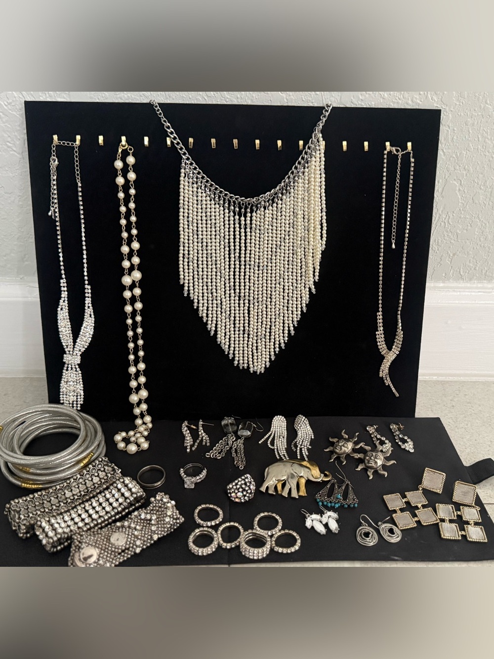 Silver Tone Statement Jewelry Lot Pearl Rhinestone Necklaces Earrings